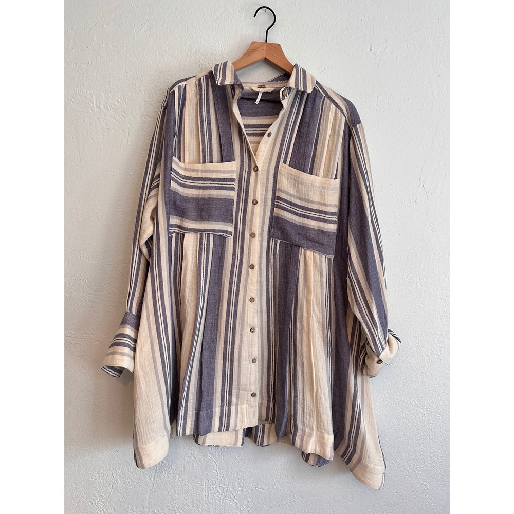 Free People Striped Tunic Dress Blue Cream Cotton Button Down Oversized Medium